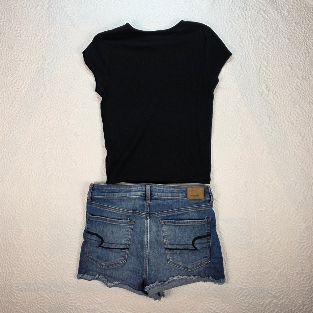 American Eagle Outfit Bundle Super Hi-Rise Shortie 10 Ribbed Tee M Black Blue - Picture 9 of 10